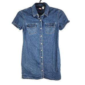Womens Old Navy Blue Denim Shirt Dress Button-Down Short Sleeve Cotton Size 10